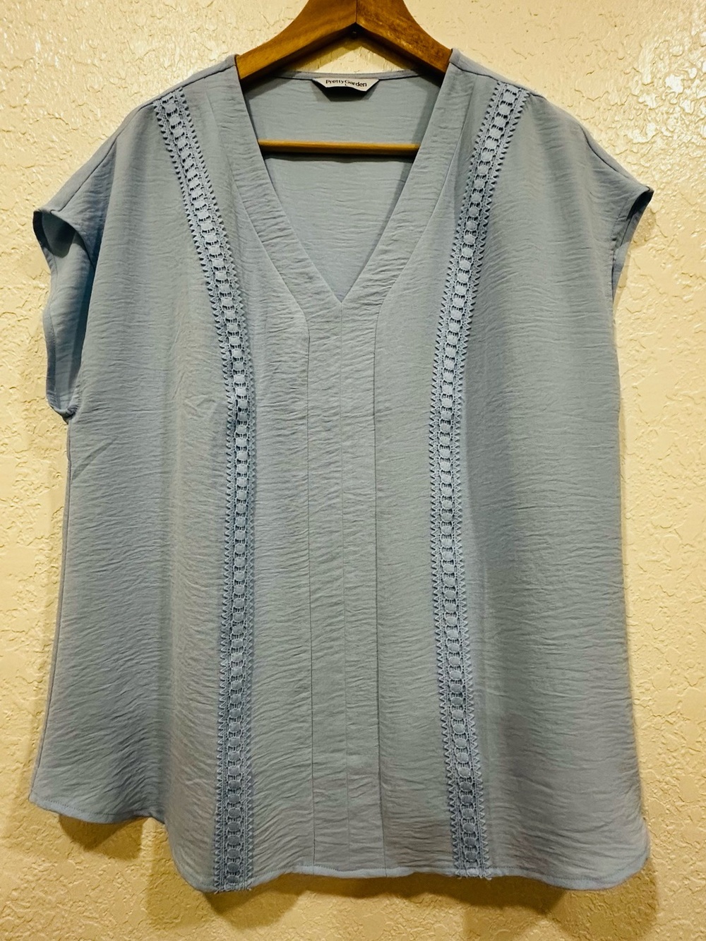 Soft Light Blue V-Neck Crochet-Trim Blouse
